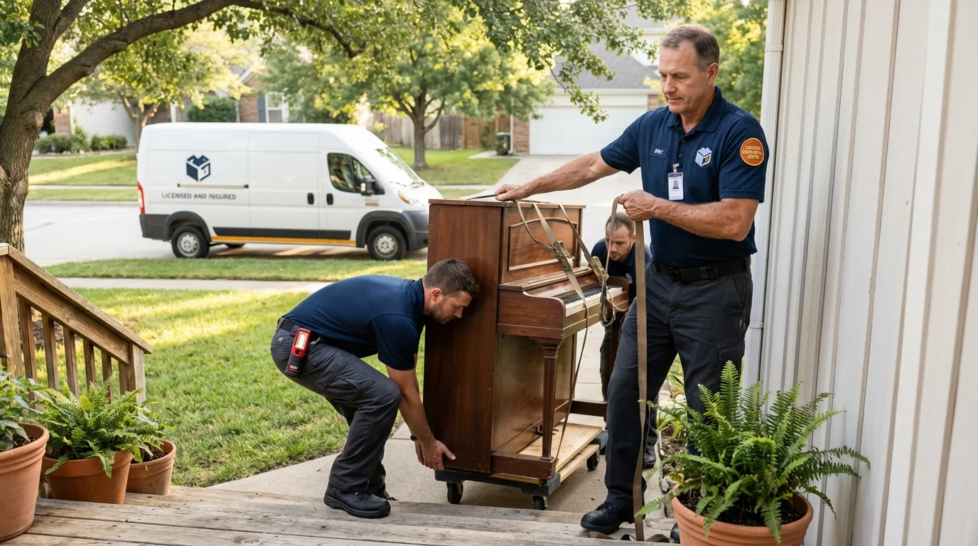 Licensed piano movers securing grand piano in Cedar Springs, MI