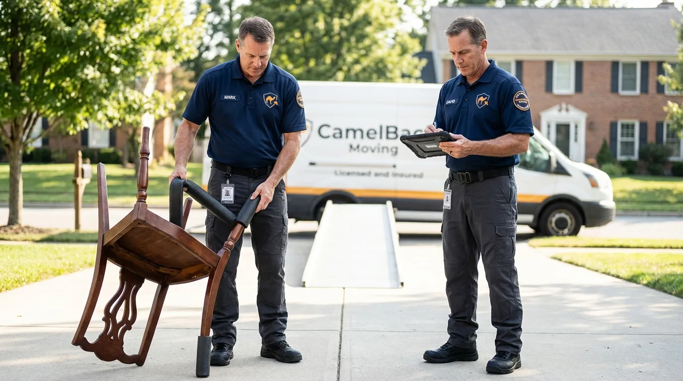 Movers inspecting furniture for damage prevention before loading in Cedar Springs, MI
