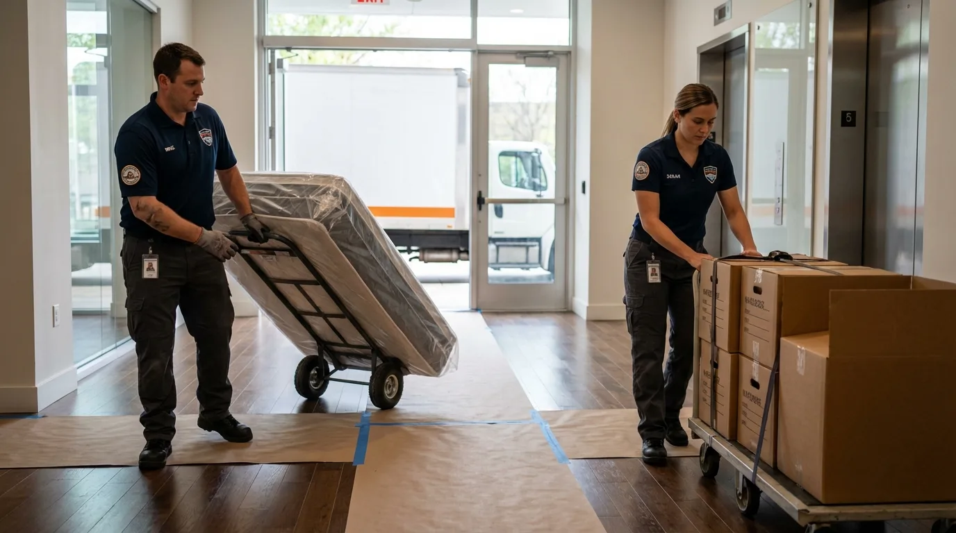 Professional apartment movers loading elevator in Cedar Springs, MI