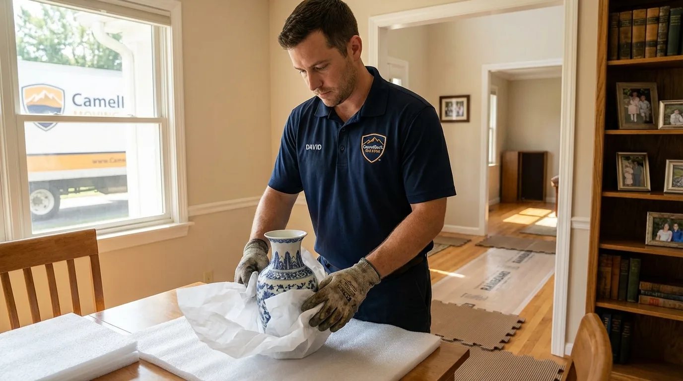 Professional crew carefully wrapping antique vase for senior downsizing move in Cedar Springs, MI